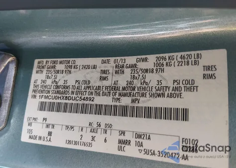 2013 Ford Escape Sel из США, поврежденный, VIN 1FMCU0HX8DUC54892